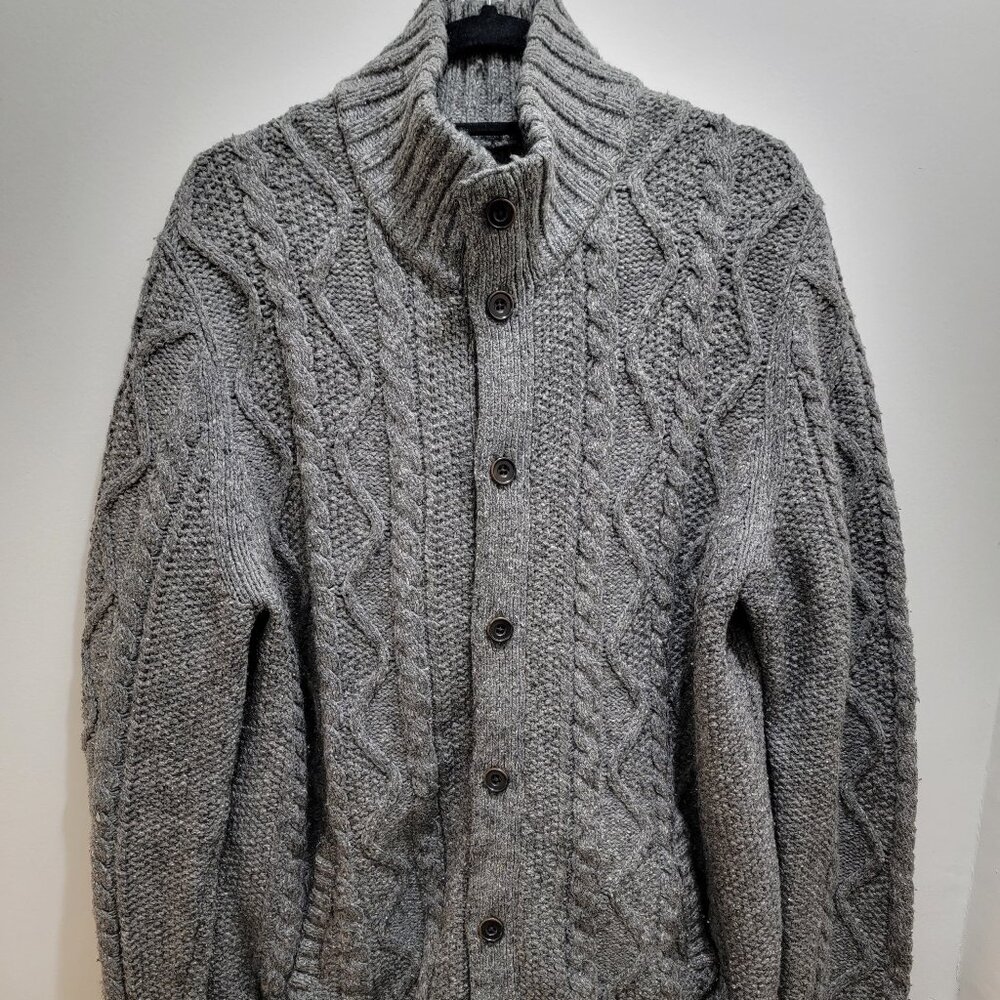 Gap Men's Mock Neck Chunky Knit Lambswool Grey Melange Cable Cardigan L Used